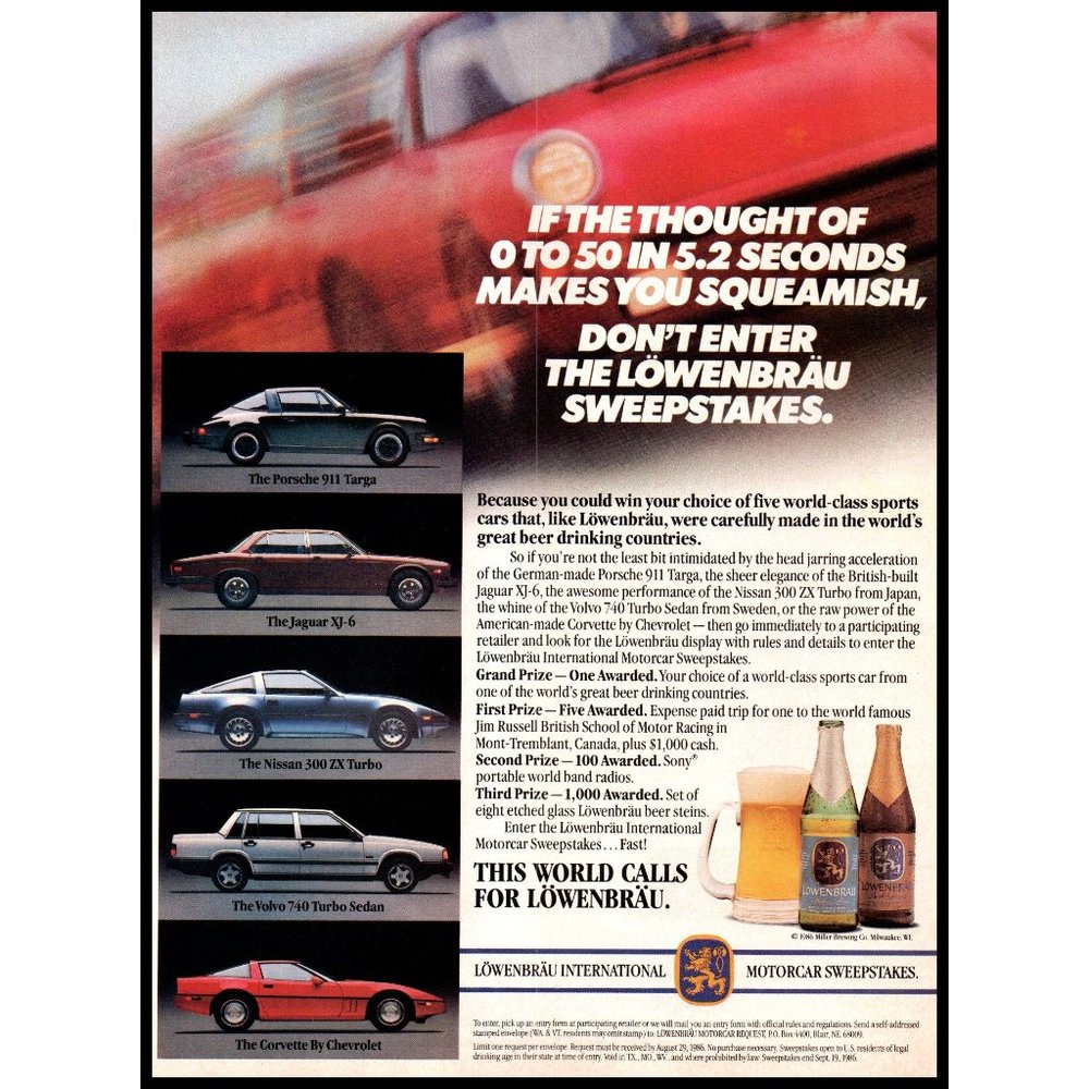 1986 Lowenbrau Beer Sports Car Sweepstakes Vintage Print Ad Porsche 911 Corvette